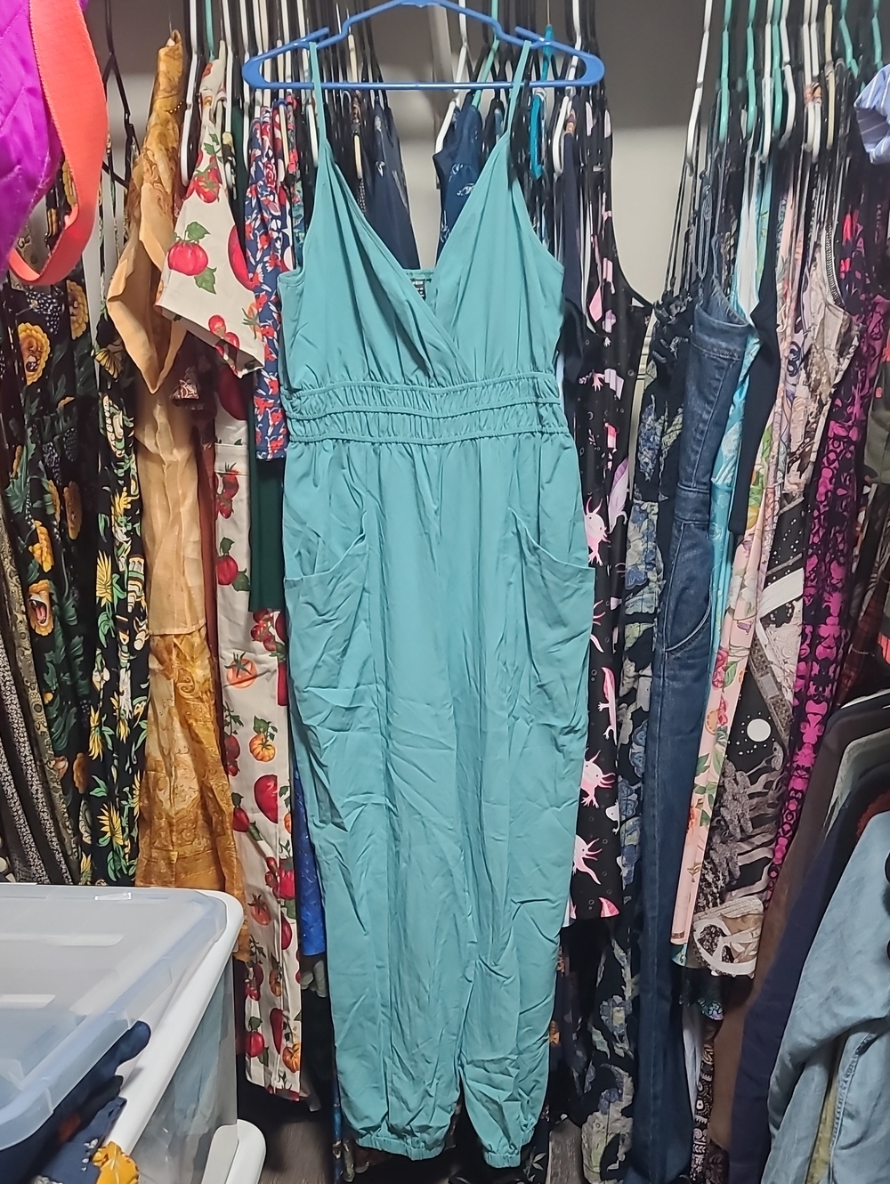 SHEIN Teal V-Neck Spaghetti Strap Jumpsuit with Pockets